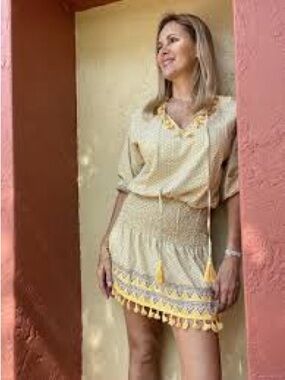 Yellow Geometric Mini Dress with Tassel Detail